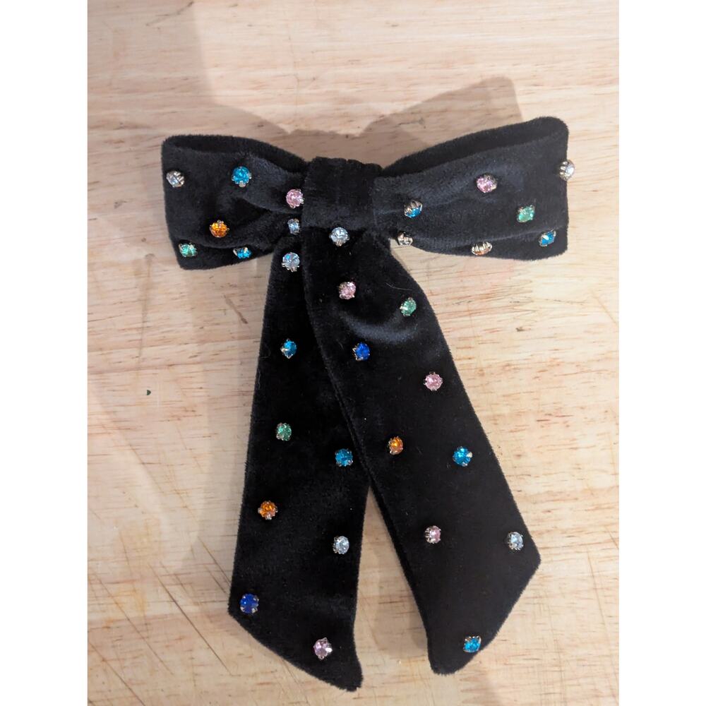 Black velvet hair bow with Rhinestone rainbow color embellishment 7" Long